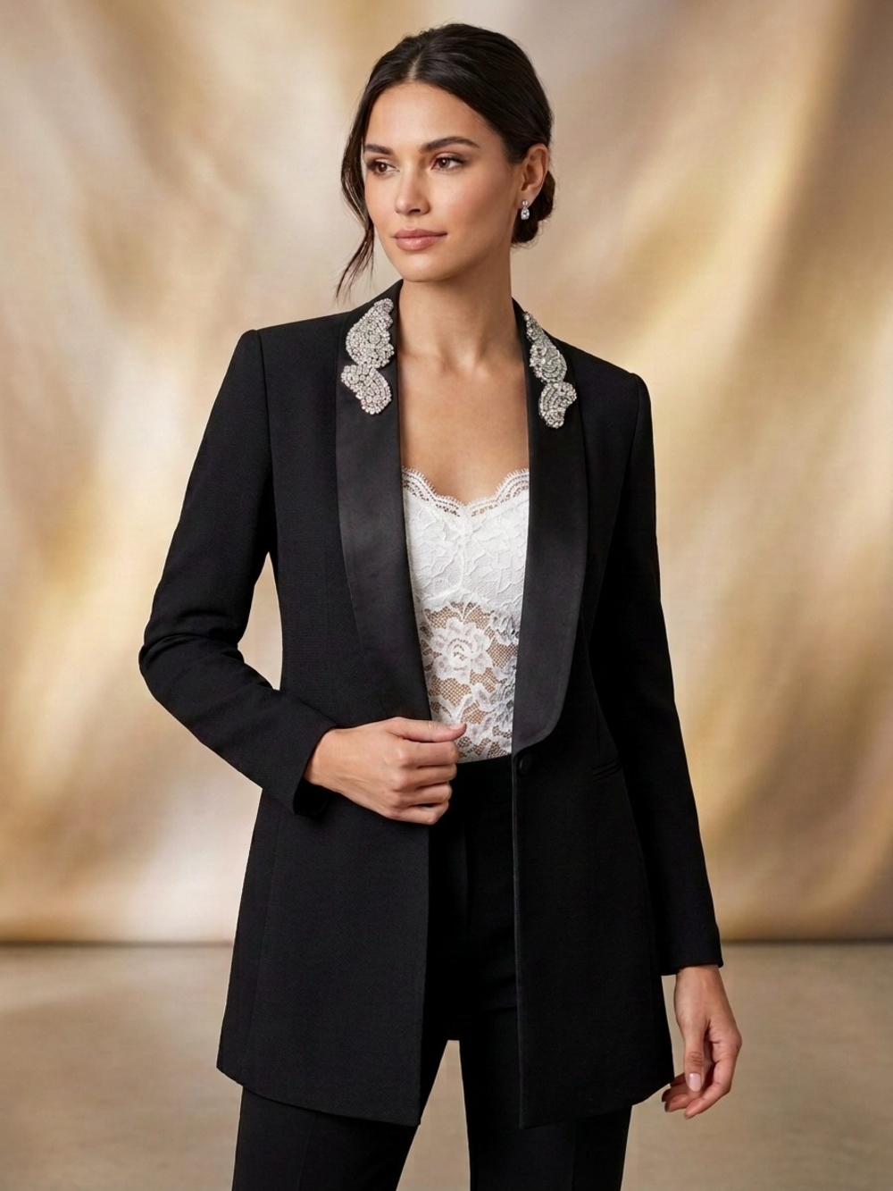 PrettyLittleThing Black Long Blazer Jacket With Rhinestone Satin Lapel Size 0